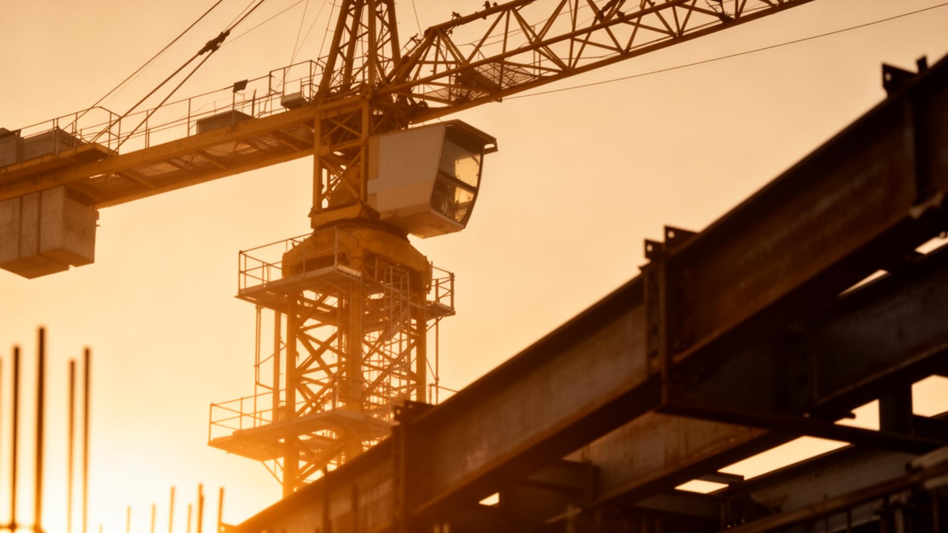 Tower crane and steel beams at golden hour