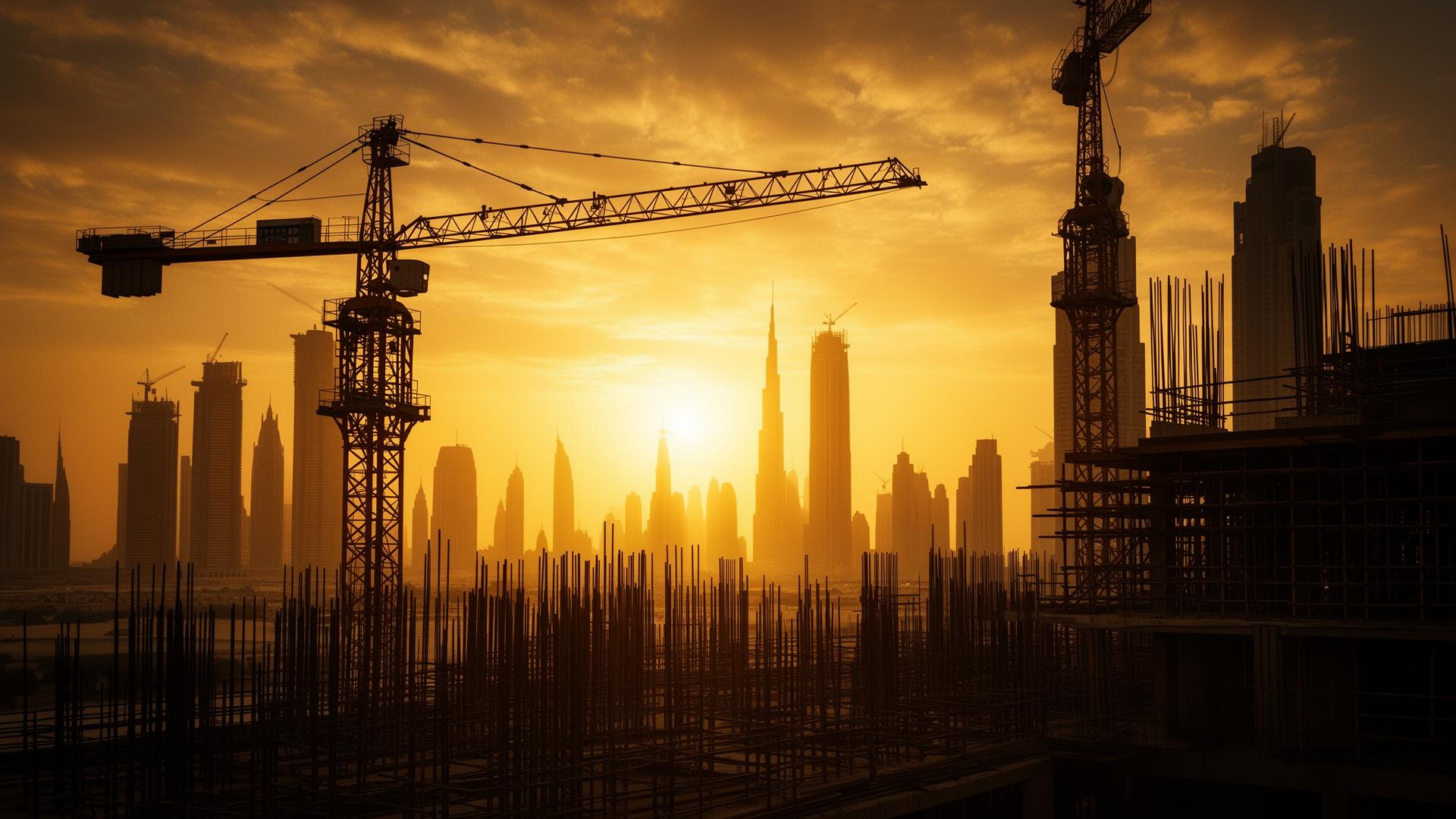 Construction cranes against a golden Dubai skyline at sunset
